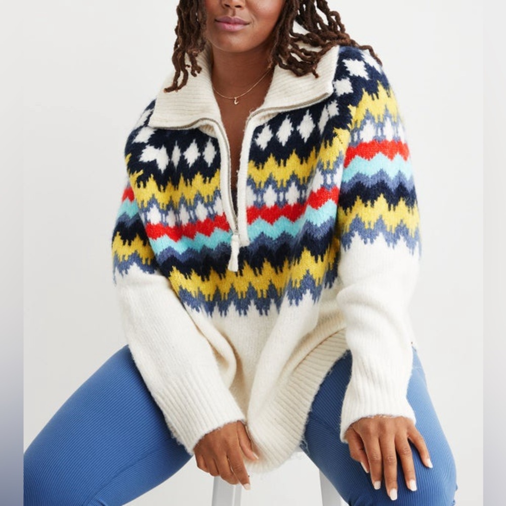 Aerie Fairisle Quarterzip Multicolor Patterned Sweater, size XS, GREAT condition